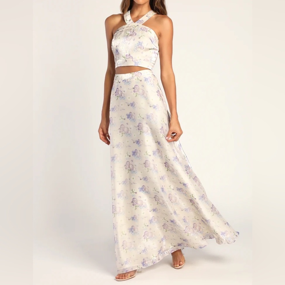 Gorgeous Entrance Cream Floral Print Two-Piece Halter Maxi Dress
